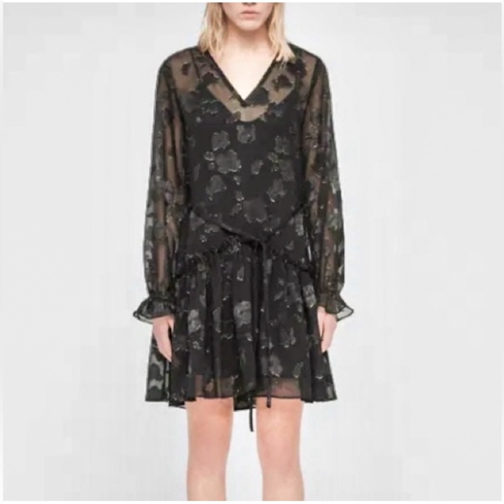 All Saints Black & Gold Embroidered Sheer Dress w/ Slip